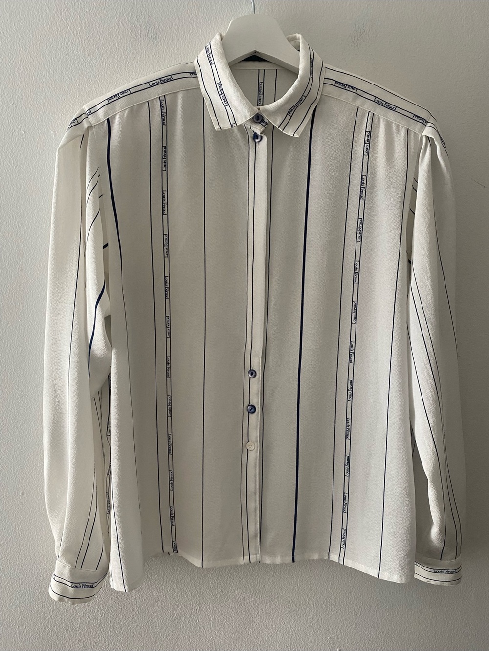 Louis Féraud Vintage Blouse Ivory Logo Stripe Hidden Button Shoulder Pads